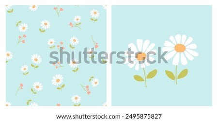 Seamless pattern with daisy flower with green leaves on green background. Daisy icon vector.