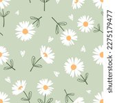 Seamless pattern with daisy flower and hand drawn hearts on green background vector illustration. Cute floral print.