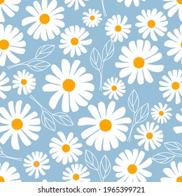 Seamless pattern with daisy flower and hand drawn leaves on blue background vector illustration.