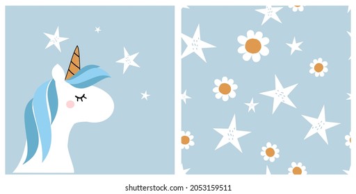 Seamless pattern with daisy flower and hand drawn stars on blue background. Close eye unicorn cartoon vector illustration. Cute childish print.