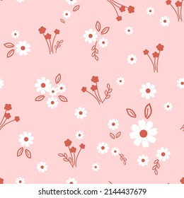 Seamless pattern with daisy flower and hand drawn branches on pink background vector illustration. Cute floral print.
