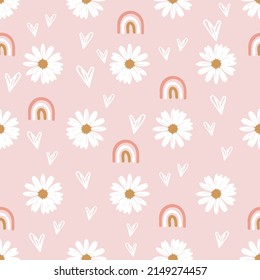 Seamless pattern with daisy flower, hand drawn hearts and rainbows on pink background vector illustration.