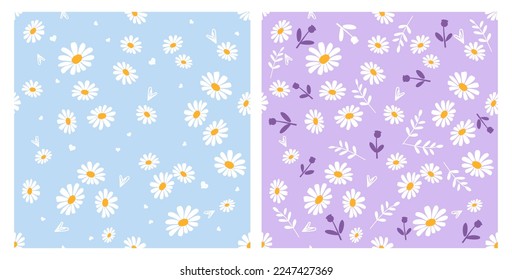 Seamless pattern with daisy flower, hand drawn hearts and branch on blue and purple backgrounds vector illustration.