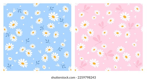 Seamless pattern with daisy flower , hand drawn hearts,  branch leaves and dragonflies on blue and pink backgrounds vector illustration. Cute floral print.