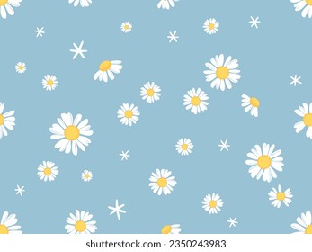 Seamless pattern with daisy flower  and hand drawn stars on blue background vector illustration. Cute floral print.