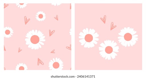 Patrón sin foco con flor de margarita y corazones dibujados a mano sobre fondo rosado. Vector de signos de margarita y icono cardíaco.