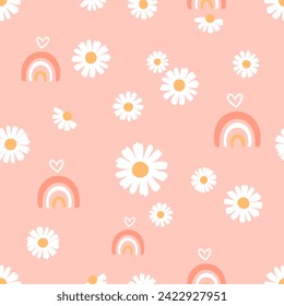 Seamless pattern with daisy flower, hand drawn heart and rainbows on pink background vector illustration. Cute childish print. 