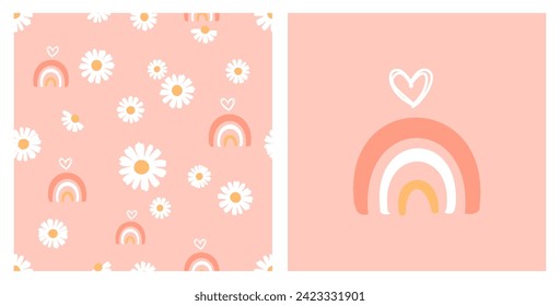 Seamless pattern with daisy flower, hand drawn heart and rainbow on pink background vector illustration. 