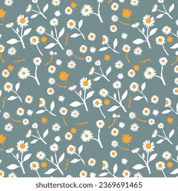 Seamless pattern with daisy flower hand-drawn plants, simple small flowers. Flowers Branches and Leaves Repeating Seamless pattern hand-drawn with tropical leaves. floral seamless pattern with leaves