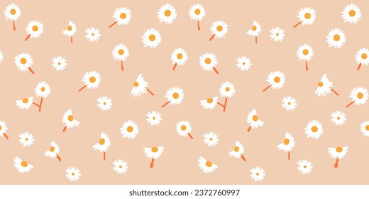 Patrón sin foco con flores de margarita dibujadas a mano, flores pequeñas simples. Flores Ramificaciones y hojas que repiten patrón sin foco dibujado a mano con hojas tropicales. patrón floral sin soldadura con hojas