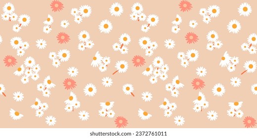 Seamless pattern with daisy flower hand-drawn plants, simple small flowers. Flowers Branches and Leaves Repeating Seamless pattern hand-drawn with tropical leaves. floral seamless pattern with leaves