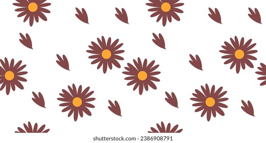 Seamless pattern with daisy flower hand-drawn plants, simple small flowers. Flowers Branches and Leaves Repeating Seamless pattern hand-drawn with tropical leaves. floral seamless pattern with leaves