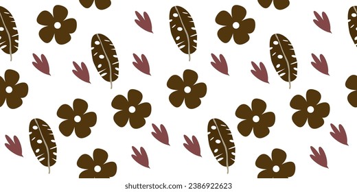Seamless pattern with daisy flower hand-drawn plants, simple small flowers. Flowers Branches and Leaves Repeating Seamless pattern hand-drawn with tropical leaves. floral seamless pattern with leaves