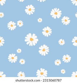 Seamless pattern with daisy flower with heart shape pollen on blue background vector illustration. Cute floral print.