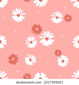 Seamless pattern of daisy flower with heart shape pollen and dot on pink background vector illustration. Cute floral print.