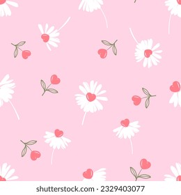 Seamless pattern with daisy flower and heart shape flower on pink background vector illustration. Cute floral print.