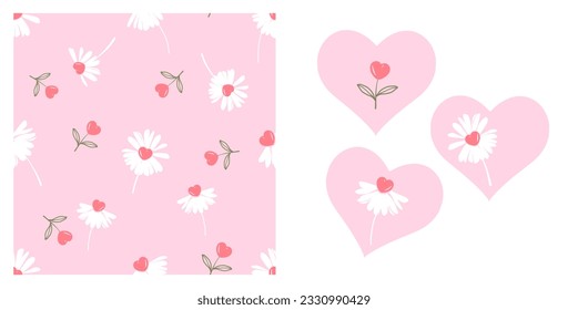 Seamless pattern of daisy flower and heart shape plant on pink background vector illustration.  Cute flower on pink heart signs.