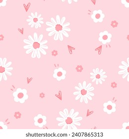 Seamless pattern with daisy flower, heart and leaf on pink background vector.