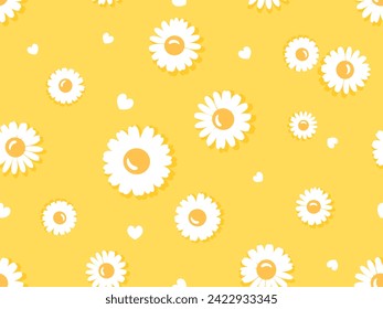 Seamless pattern with daisy flower and heart on yellow background vector illustration. Cute wall art decoration.