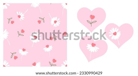 Seamless pattern of daisy flower and heart shape plant on pink background vector illustration.  Cute flower on pink heart signs.