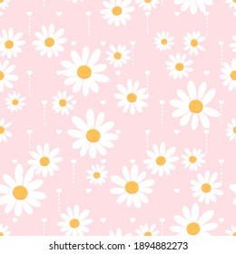 Seamless pattern with daisy flower and hearts on pink background vector illustration.