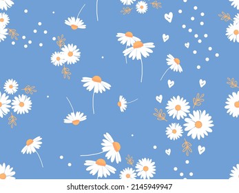 Seamless pattern with daisy flower, hearts and dots on blue background vector illustration.