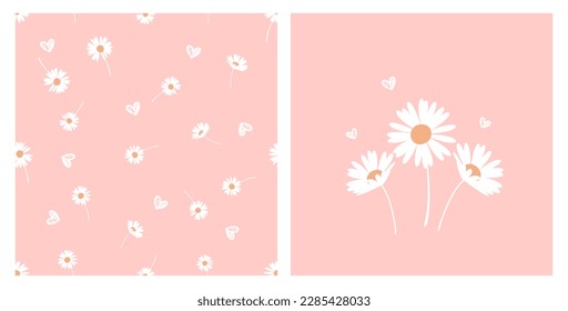 Seamless pattern with daisy flower and hearts on pink background vector.