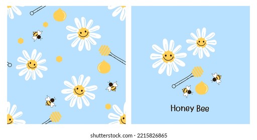 Seamless pattern with daisy flower, honey drops and bee cartoons on blue background vector illustration.