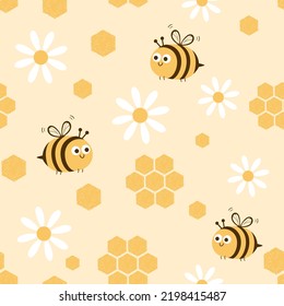 Patrón sin foco con flor de margarita, caricaturas de panal y abeja sobre ilustración vectorial de fondo amarillo.