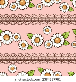 Seamless pattern daisy flower with lace ribbon, Vintage floral background, Pattern for design wallpaper, gift wrap paper and fashion prints.