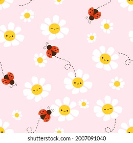 Seamless pattern with daisy flower and ladybug cartoons on pink background vector illustration. Cute childish print.