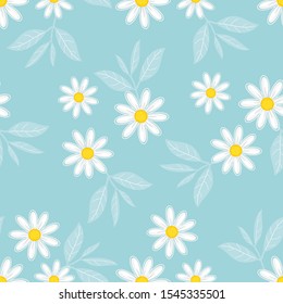 Seamless pattern with daisy flower and leaves on blue background, flat design vector illustration.