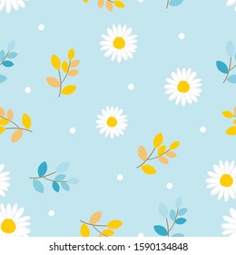 Seamless pattern with daisy flower, leaves and white dot on blue background vector illustration.