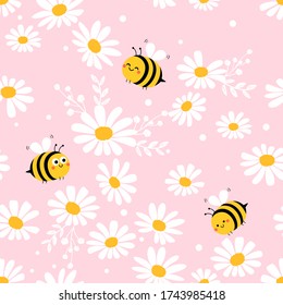 Seamless pattern of daisy flower, leaves and cartoon bee on pink background vector illustration.