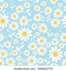 Seamless Pattern With Daisy Flower And Leaves On Blue Background Vector Illustration.