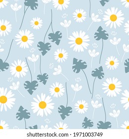 Seamless pattern with daisy flower  and leaves on blue background vector illustration. Cute floral print.