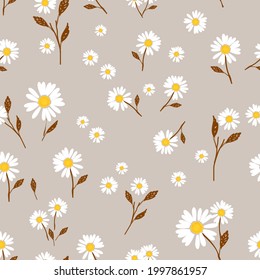 Seamless pattern with daisy flower  and leaves on brown background vector illustration. Cute floral print.