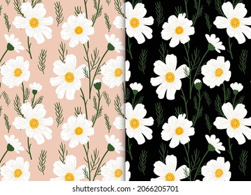 Seamless pattern with daisy flower and leaves on pink and black background