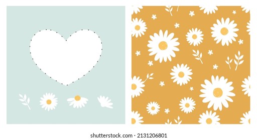 Seamless pattern with daisy flower and leaves on yellow gold background vector illustration. Set of daisy flower, branch and heart on green background.