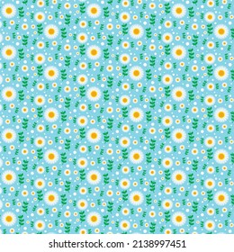 Seamless pattern with daisy flower and leaves on blue background vector illustration  for textile, postcard, wallpaper design. Cute floral print. Chamomile flowers botanical pattern,spring time.