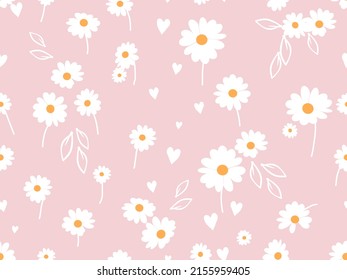 Seamless pattern with daisy flower, leaves and hand drawn hearts on pink background vector illustration.