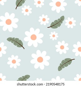 Seamless pattern with daisy flower and leaves on green background vector illustration.