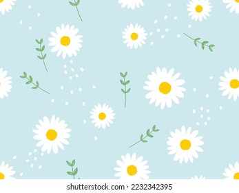 
Seamless pattern with daisy flower  and leaves on blue background vector illustration.