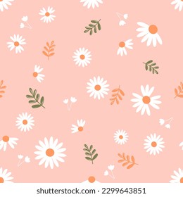 Seamless pattern with daisy flower  and leaves on pink background vector illustration. Cute floral print.