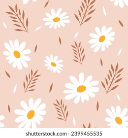 Seamless pattern daisy flower with leaves on pink background vector illustration. Cute floral print.