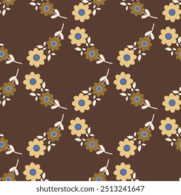 Seamless pattern with daisy flower and leaves on brown backgrounds vector. Cute floral print.