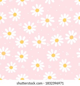 Seamless pattern with daisy flower and little hearts on pink background vector illustration.