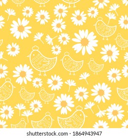 Seamless pattern with daisy flower
and little chicken cartoon on yellow background vector illustration.