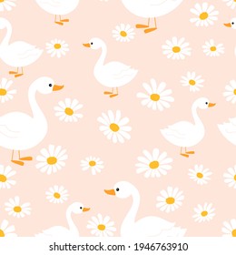 Seamless pattern with daisy flower and little duck on orange background vector illustration.