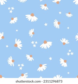 Seamless pattern with daisy flower and little white flower on blue background vector illustration. Cute floral print.